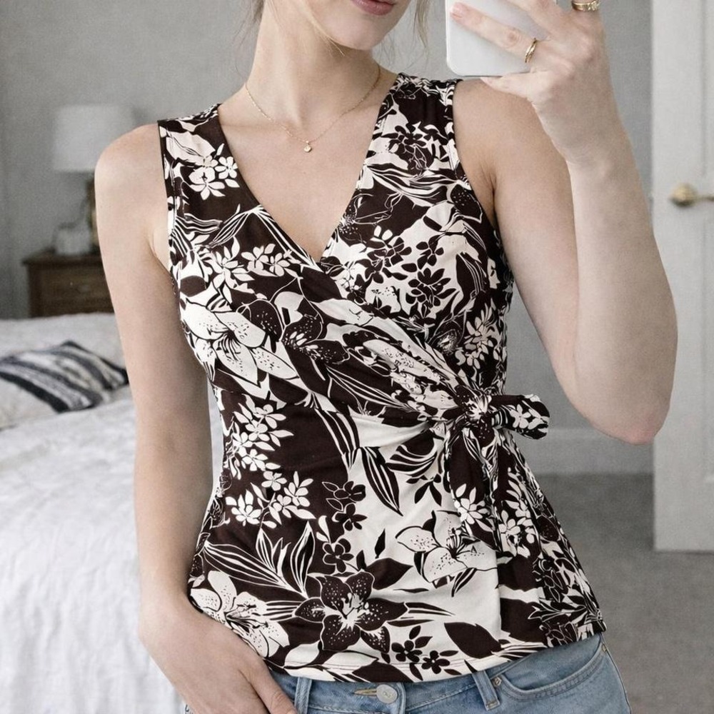 Y2K‎ Brown Cream Floral Wrap Top Sleeveless Side Tie Vneck Women S Boho Summer
